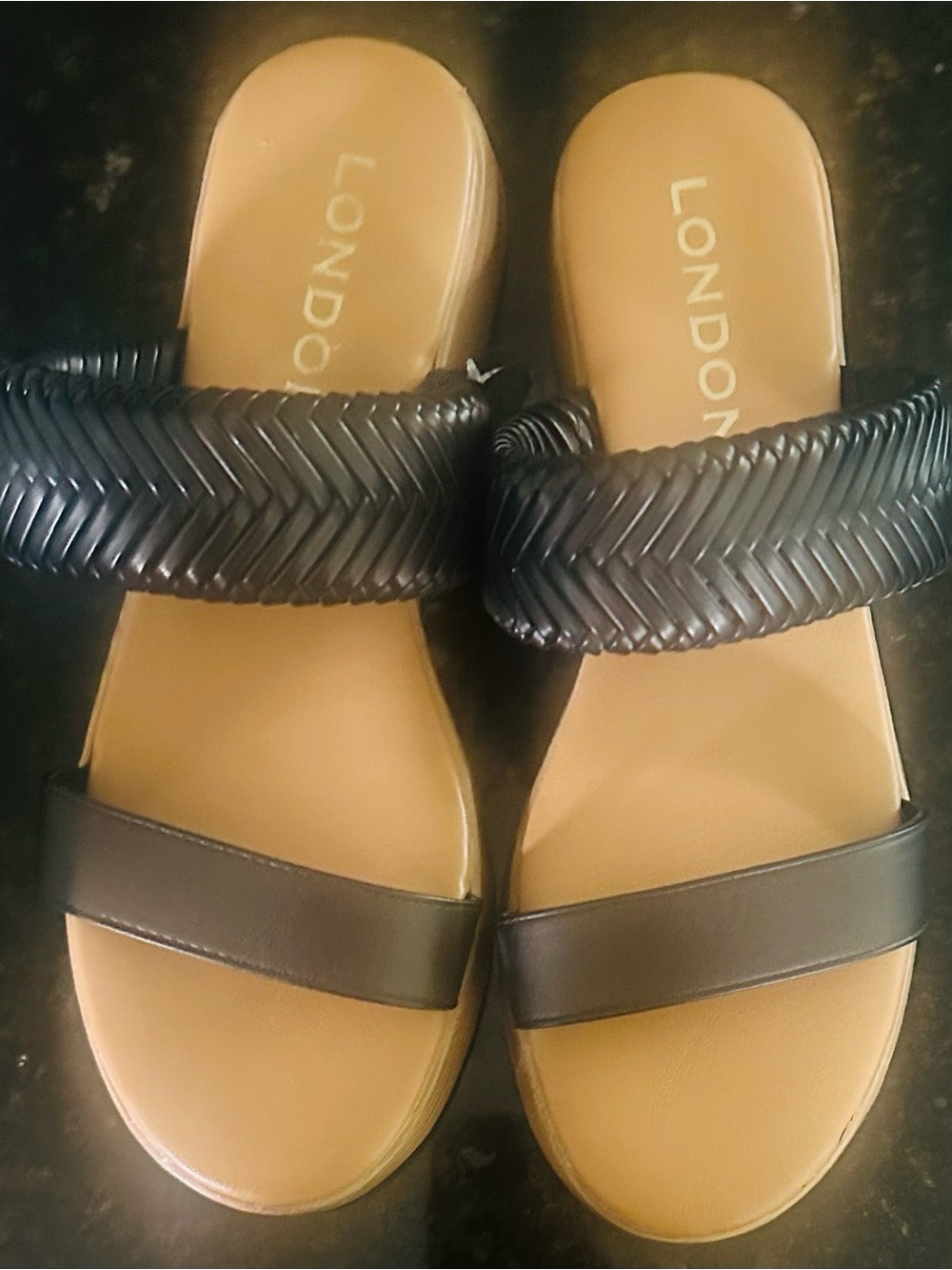 London Fog Black Braided and Smooth Strap Slide Sandals